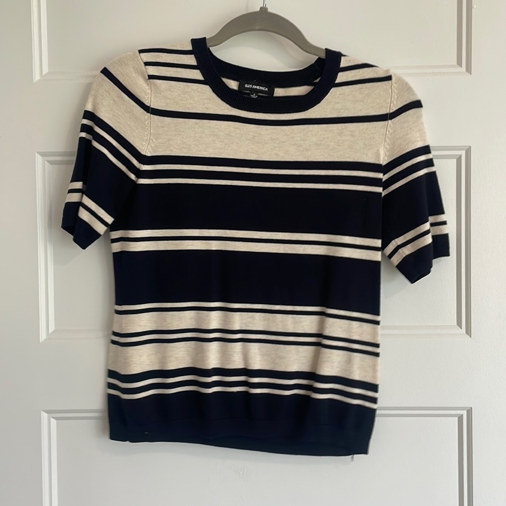 Navy and tan striped short sleeve sweater - 525 America